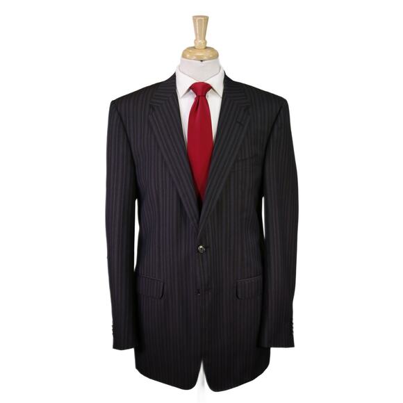 Corneliani Dark Brown Sky Blue Pinstripe Super 130's Wool 2-Btn Suit 42L - Picture 1 of 12